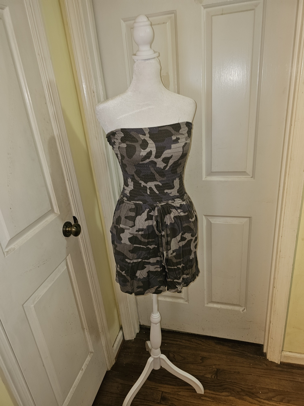 Zenana Outfitters Gray and Black Camouflage Strapless Romper